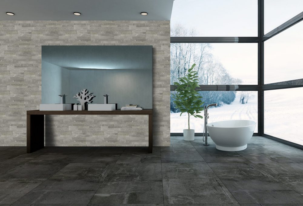 3D rendering of large mirror on table in fancy bathroom with large windows facing snowy landscape